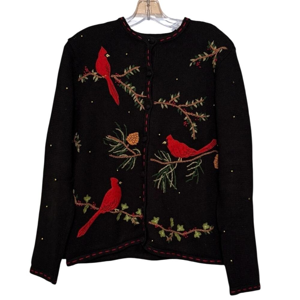 Vintage Erika Cardinal Bird Christmas Cardigan Sweater Ramie Blend Medium